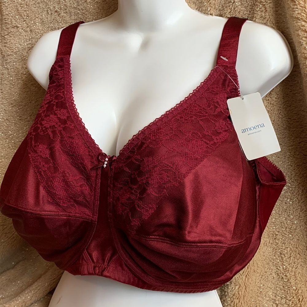 Amoena Nancy SB Lace Trim Wireless Unlined Full Coverage Bra 52D Burgundy